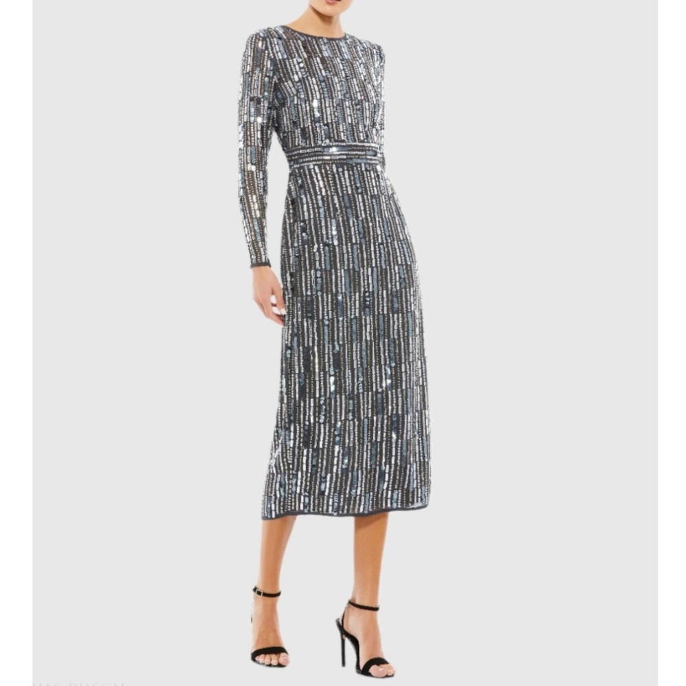 NWT | Mac Duggal Gray Embellished High Neck Long Sleeve Fitted Dress | Sz 8